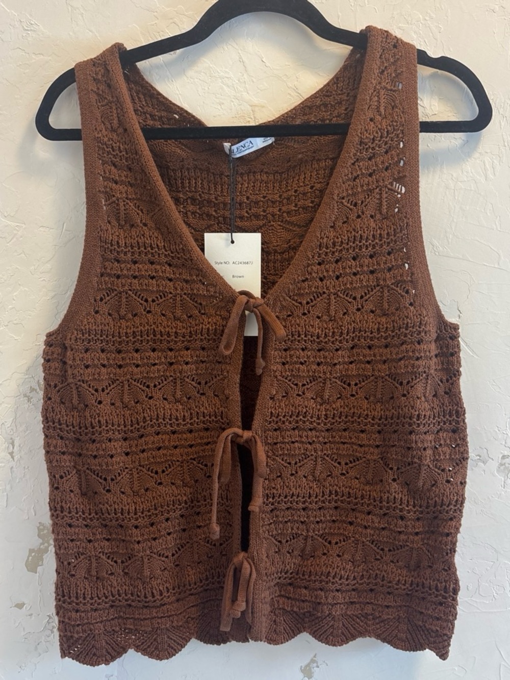 Brown Crochet Knit Tie-Front Vest SZ M